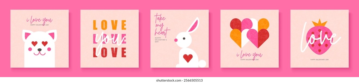 Set of greeting cards for Valentines Day. Simple flat style with geometric elements. Collection of vector cards with bunny, cat, hearts, strawberries and romantic inscriptions.