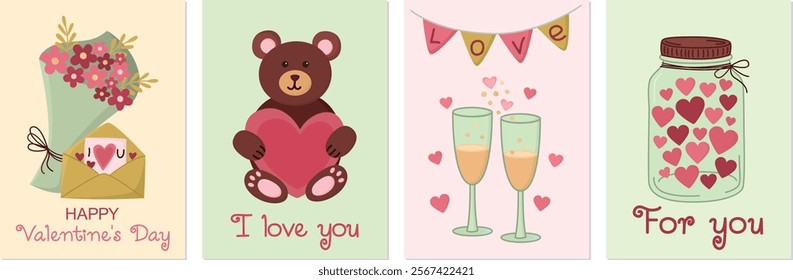 Set of greeting cards for Valentine's Day. Romantic illustrations with bouquet of flowers, teddy bear, sparkling wine, glasses, garlands and jar with cute hearts