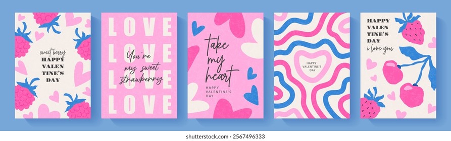 Set of greeting cards for Valentines Day. Simple flat style, modern trendy design. Collection of vector cards with hearts, strawberries, cherries, raspberries and romantic inscriptions.