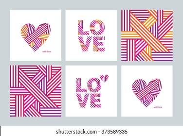 Set of greeting cards with Valentine's Day, Mother's Day, International Women's Day, birthday, wedding. Abstract hearts. Abstract seamless pattern. Love. Postcard. Congratulation. Vector.