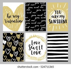 Set of greeting cards for Valentine's Day. Vector collection with brush lettering and hand written elements. Black, gold and white color labels for your design and invitation.