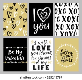 Set of greeting cards for Valentine's Day. Vector collection with brush lettering and hand written elements. Black, gold and white color labels for your design and invitation.