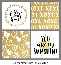 Set of greeting cards for Valentine's Day. Vector collection with brush lettering and hand written elements. White and gold color labels for your design and invitation.