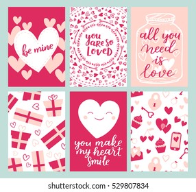 Set of greeting cards for Valentine's Day. Vector collection with brush lettering and hand written elements. Rose, pink and white color labels for your design and invitation.