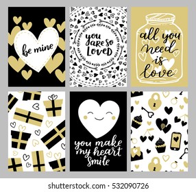 Set of greeting cards for Valentine's Day. Vector collection with brush lettering and hand written elements. Black and gold color labels for your design and invitation.