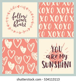 Set of greeting cards for Valentine's Day. Vector collection with brush lettering and hand written elements. Peachy and white color labels for your design and invitation.