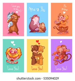 Set of greeting cards for Valentine's day. Six cute postcards with different animals. Vector illustration isolated on a white background.