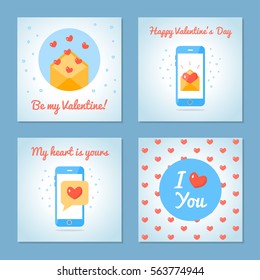Set of greeting cards for Valentine's Day. Love letters and sms. Blue colors. Flat design. Vector illustration.