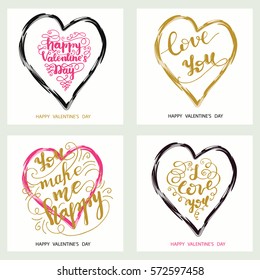 Set of greeting cards for Valentine's Day: "I love you", "You make me happy", "Love you", "Happy Valentine's Day". Vector illustration.