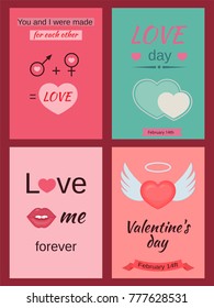 Set of greeting cards for Valentine's Day with icons of Venus and Mars, hearts, lips and winged heart. Elements of the printing house and thematic objects for decoration.