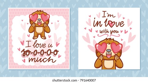 Set of Greeting cards for Valentine's Day with cute characters and lettering calligraphy text. Hand drawn romantic illustrations on pink hearts background in cartoon, doodle style