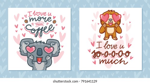 Set of Greeting cards for Valentine's Day with cute characters and lettering calligraphy text. Hand drawn romantic illustrations on pink hearts background in cartoon, doodle style