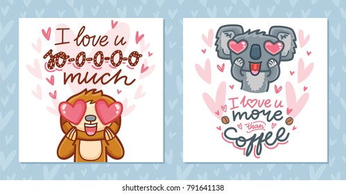 Set of Greeting cards for Valentine's Day with cute characters and lettering calligraphy text. Hand drawn romantic illustrations on pink hearts background in cartoon, doodle style