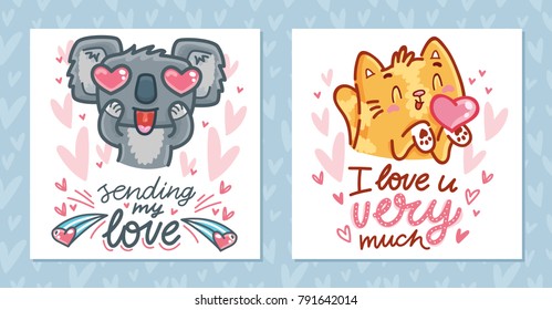 Set of Greeting cards for Valentine's Day with cute characters and lettering calligraphy text. Hand drawn romantic illustrations on pink hearts background in cartoon, doodle style