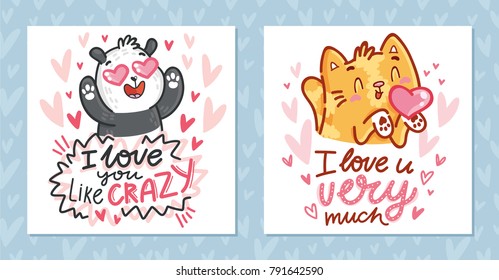 Set of Greeting cards for Valentine's Day with cute characters and lettering calligraphy text. Hand drawn romantic illustrations on pink hearts background in cartoon, doodle style