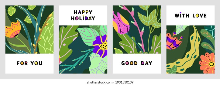 Set of greeting cards with various lettering. Vector universal templates with floral design for postcards, invitations, covers, posters, banners, brochures. Copy space for text.