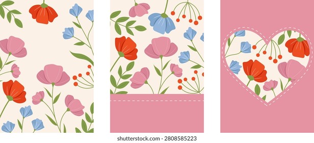 A set of greeting cards for various occasions. Floral pattern. Hand drawn flowers and leaves.