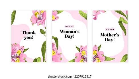 Set of greeting cards. Vector template with Alstroemeria flowers. Woman’s Day, Mother’s Day. Cute cards and posters for the spring holiday