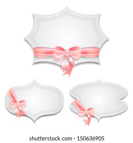 Set of greeting cards vignettes tied with satin ribbon with a bow. Vector illustration.