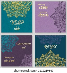 Set of greeting cards or wedding and birthday invitations with hand drawn ornamental mandala. Hipster boho geometric abstract flower for yoga center or fitness club. Spiritual mystic design.