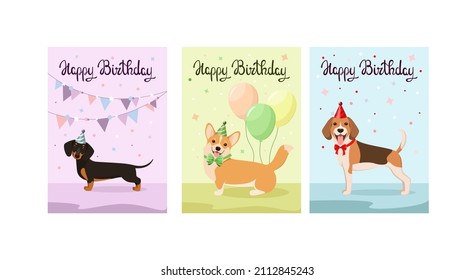 Un conjunto de tarjetas de felicitación con perros callejeros. Diseño de caricaturas. Feliz cumpleaños.
