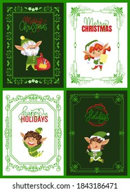 Set of greeting cards for winter holidays, christmas and new year. Postcards with elves girls and boys. Calligraphic inscription and xmas character with presents and letters in hands, vector