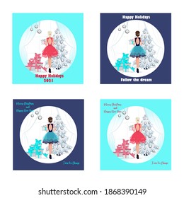 
Juego de tarjetas de felicitación para las vacaciones de invierno, feliz navidad y feliz año nuevo, ilustración de moda con muchacha hermosa decorando árbol de navidad, vectorial estilo plano.