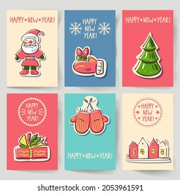 Set of greeting cards for winter holidays in a retro style. Vector illustration.