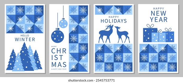 Set mit Grußkarten für den Winterurlaub mit Schneeflocken, Hirschen, Geschenken, Weihnachtsbaumschmuck auf geometrischem Hintergrund. Vektorgrafik für Banner, Werbung, Vertrieb.
