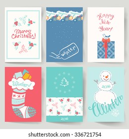 Set of greeting cards for winter holidays in a retro style. Vector illustration.