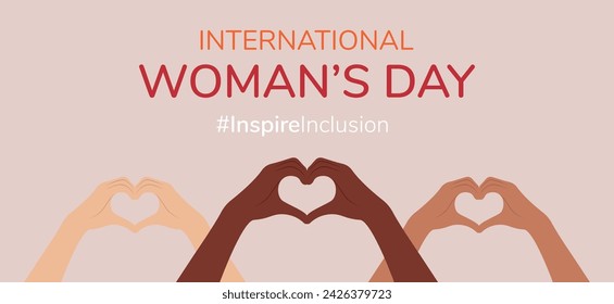 Set of greeting cards with a woman, hands like a heart, March 8, International Women's Day. Inspireinclusion. Flat Vector Illustration EPS10
