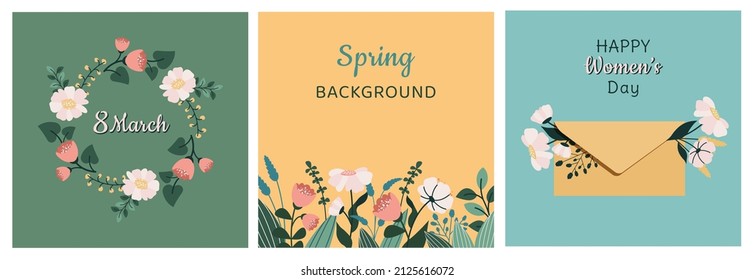 A set of greeting cards for Women's Day, March 8. Spring background with beautiful colorful flowers, floral wreath, envelope with flowers. Floristic design. Vector cartoon flat illustration