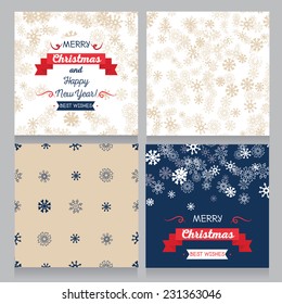 set of greeting cards and wrapping paper for christmas, snowflakes background, vector illustration