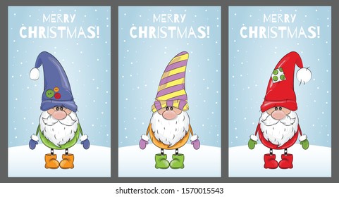 Set of greeting Christmas card with cute cartoon gnomes. Merry Christmass, Happy new Year, Happy Holidays.