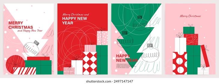 Set of greeting Christmas cards with a bunch of gifts and a Christmas tree, lines and squiggles, flat style