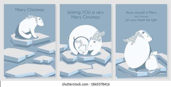 Set of greeting Christmas cards with polar bears in scarves on ice.