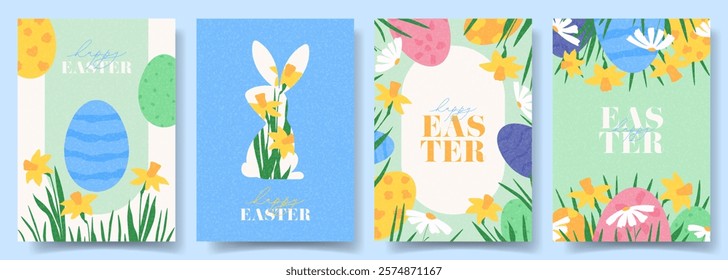 Set of greeting Easter posters. Creative Easter vector cards with bunny, eggs, spring flowers and grass. Holiday flyers for design of party, celebration, ad, branding, cover, card, sale.