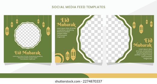 Set of greeting for eid mubarak on green background with lentera for social media feed post and advertising or web. eps10.