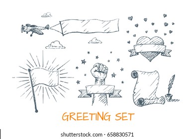 Set of greeting elements. Vector hand drawn illustrations.