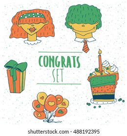 Set of greeting emblems in red green tones with man, woman, balloons, gift, cake with a candle. Handmade cartoon style. Vector illustration