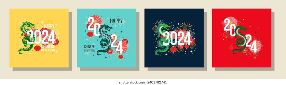 Set greeting flyer cover 2024 chinese new year with abstract dragons and date. Greeting card template, calendar, poster. 