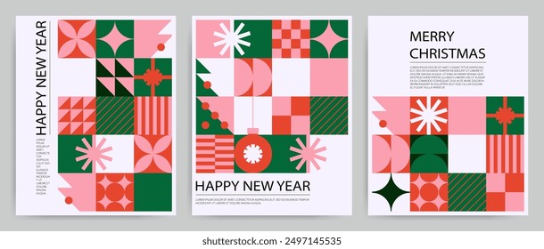 Set of greeting geometric Christmas and New Year cards on white background, flat style