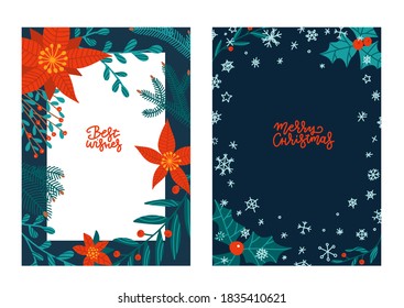 Set of greeting hand drawn lettering cards in traditional colors,vertical a4 size banners,invitations. Merry Christmas , Best wished lettering quotes cards with christmas florals winter objects