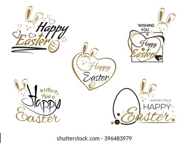 Set greeting inscription with the Easter bunny and Easter eggs. Happy easter. Vector easter art, hand lettering, text. Vector illustration