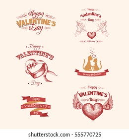 Set of greeting inscriptions Happy Valentine's Day. Hand-drawn elements. Retro