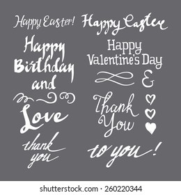 Set of greeting inscriptions. Set of greeting labels and elements for design. Handmade.