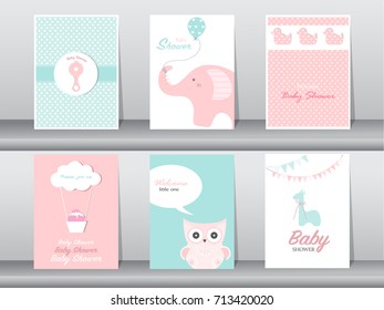 Set of greeting and invitation card, birthday, holiday, Animals, owl, elephant, giraffe, and duck. cartoon, vector illustration.