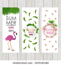 Set of greeting and invitation card with summer background.  Summer composition with tropical leaves. Vector illustration 