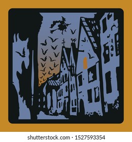 A set of greeting or invitation cards: A blue,orange & black image of an old city at night with a witch flying a broom & a flock of bats,a black cat on the roof of a house,a window glowing in the dark