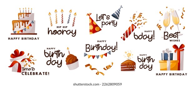 Set of greeting lettering with cake, cupcake, gifts, champagne, caps, confetti. Birthday party, celebration, holiday, event, festive concept. Banner, flyer, advertising. discount. Cartoon vector 